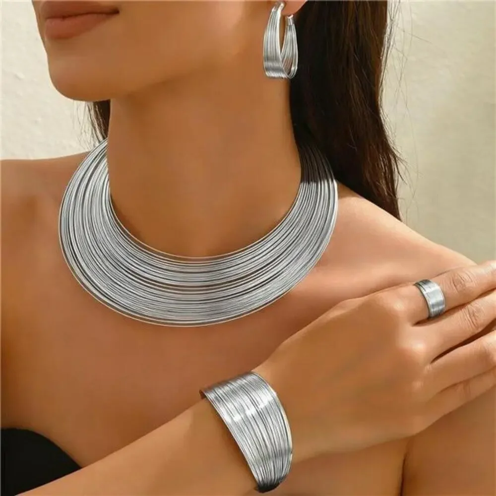 Silver African Jewelry Set– Chunky Hoop Earrings & Choker Ethnic Statement Set